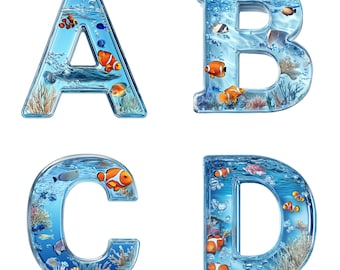 Cute Sea Life Alphabet Clip Art A-Z & Numbers 0-9 | Digital Ocean Letters | Sea Animal PNGs for Crafts | 300 DPI Transparent Background