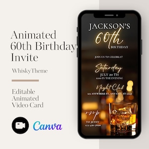 Animated 60th Birthday Invite - Whiskey Theme, Editable, Instant Download, Canva Template