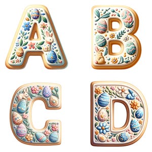 May include: Four decorated sugar cookies shaped like the letters A, B, C, and D. Each cookie is decorated with pastel blue and pink Easter eggs, flowers, and bunnies.