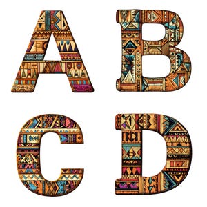 Puede incluir: A, B, C y D en un patrón tribal geométrico y colorido. Las letras están en una fuente en negrita, de bloque.