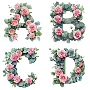 Alfabeto floral en acuarela, números de la A a la Z del 1 al 9, clipart, 300 DPI, PNG, letras de rosa y eucalipto, fondo transparente para sublimación