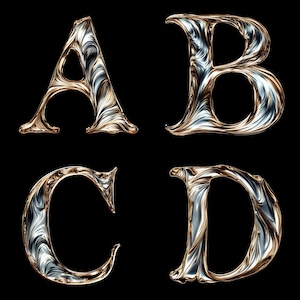 Alfabeto de lujo con espirales metálicas, números de la A a la Z del 1 al 9, PNG, letras líquidas doradas y plateadas, imágenes prediseñadas de alta resolución, fondo transparente de 300 DPI