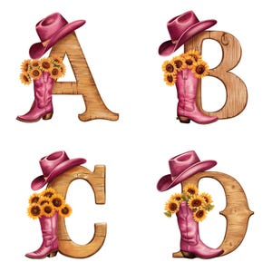 Clipart alphabet cow-girl western de A à Z 0-9 PNG | Bottes roses et lettres tournesols | Police de caractère rustique western | Téléchargement instantané