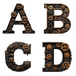 Peut inclure: Quatre lettres de l'alphabet, A, B, C et D, sont en métal et décorées d'engrenages et de pignons. Les lettres sont noires avec des engrenages dorés.