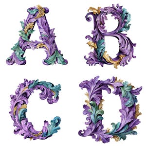 Può includere: Quattro lettere ornate, A, B, C e D, su sfondo bianco. Ogni lettera è finemente decorata con abbellimenti a forma di foglia viola, verde acqua e oro, creando un'estetica decorativa ed elegante.