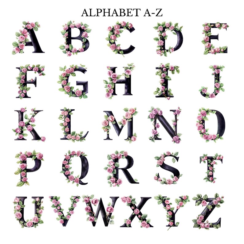 Floral Black Alphabet Clipart: Pink Roses, Greenery (PNG, 300 DPI ...