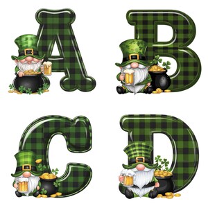 Dia de São Patrício Alfabeto e Números Clipart - Letras de Gnomo Xadrez Verde PNG - Letras de Trevo, Fundo Transparente de 300 DPI