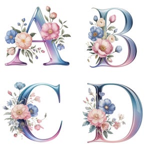 Letras del alfabeto floral pastel de la A a la Z, números del 1 al 9, clip art - 300 DPI PNG - Fondo transparente - Elegante estilo floral para invitaciones y decoración
