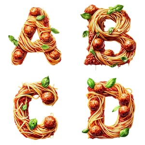 Espaguete Almôndega Macarrão Letras e Números Clipart A-Z 1-9, 300 DPI PNG, Fundo Transparente, Arte do Alfabeto de Alimentos, Fonte com Tema Italiano