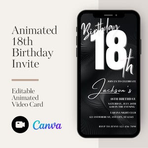 Invitation animée pour 18e anniversaire - Evite numérique minimaliste et modifiable, modèle Canva