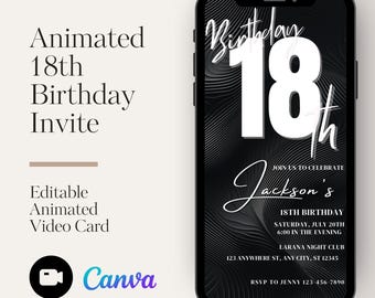 Animated 18th Birthday Invite - Minimalist, Editable Digital Evite, Canva Template