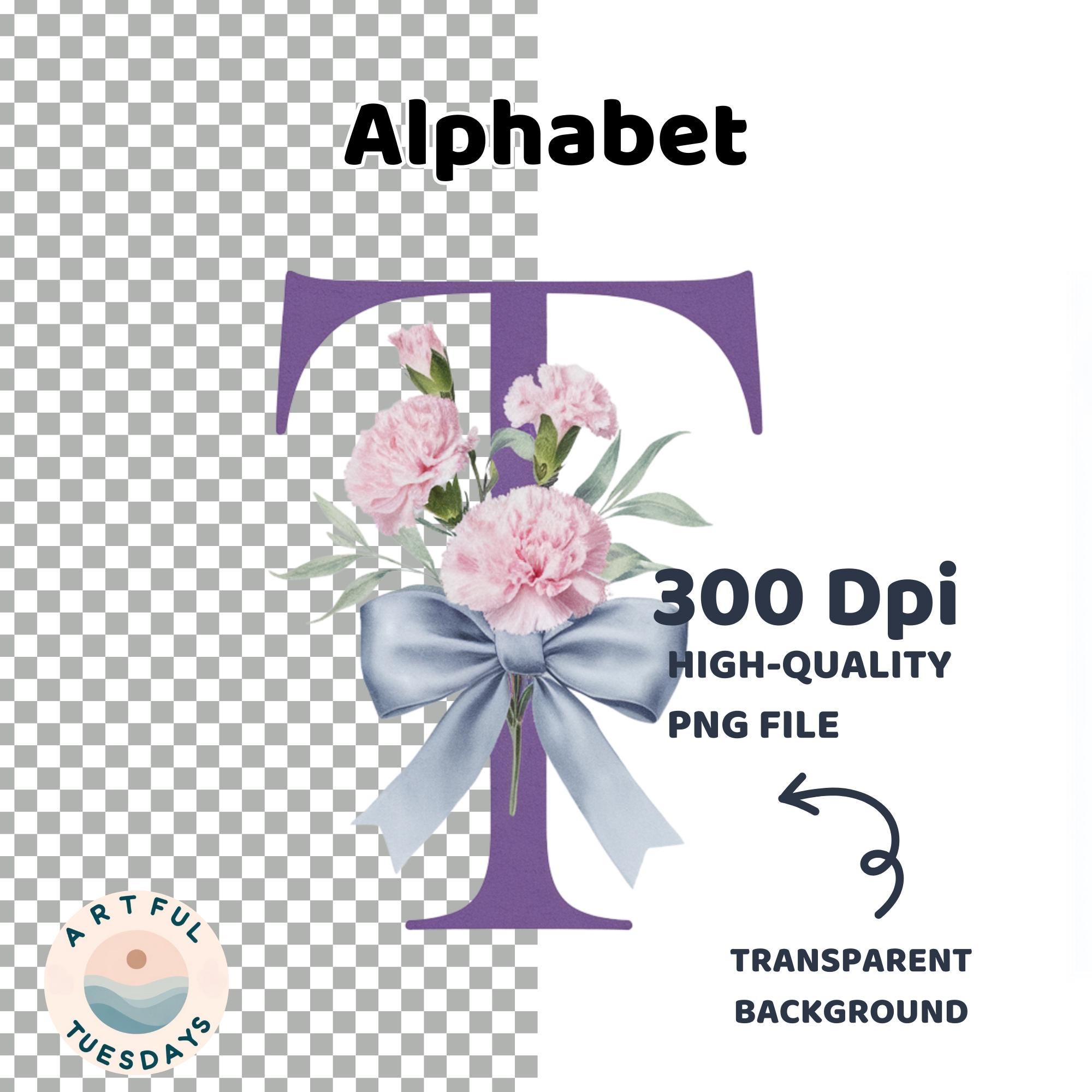 Watercolor Pink Carnation Floral Alphabet: Lavender Purple Letters ...