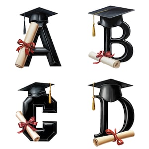 Paquete de imágenes prediseñadas del alfabeto de graduación / Letras de la A a la Z, números del 0 al 9 / PNG de 300 DPI / Fondo transparente / Letras de birrete y diploma de graduación