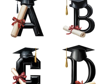Graduation Cap Alphabet Clipart: A-Z Letters & Numbers (PNG Digital Download)