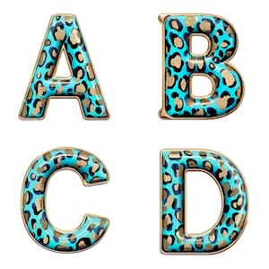 Blue Leopard Print Alphabet Clipart: Animal Print Letters & Numbers (PNG Digital Download)