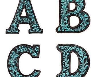 Western Tooled Leather Alphabet A-Z & Numbers 1-9 PNG, Cowboy Floral Letter Clipart, 300 DPI, Transparent Background, Western Font