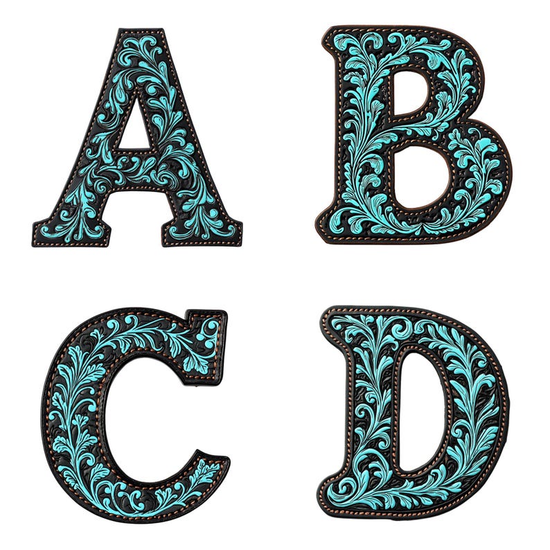 May include: Four decorative letters, A, B, C, and D, are made of black leather with a turquoise floral design. The letters are isolated on a white background.
