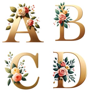 Elegante conjunto de letras y números dorados PNG, fondo transparente, uso comercial: letras florales para decoración de bodas, invitaciones