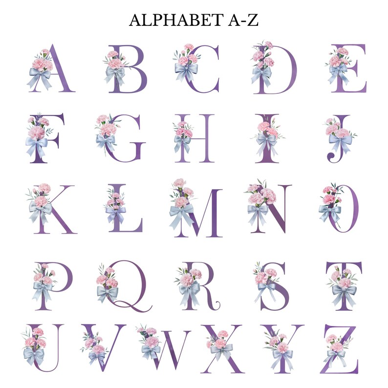 Watercolor Pink Carnation Floral Alphabet: Lavender Purple Letters ...