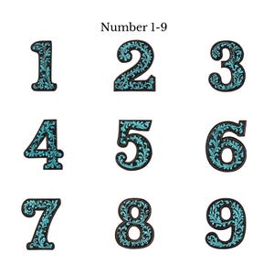 May include: Nine decorative numbers, 1 through 9, with a turquoise blue floral design on a black background. The numbers are outlined in black. The text "Number 1-9" is above the numbers.