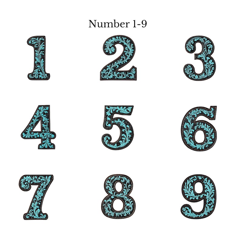 May include: Nine decorative numbers, 1 through 9, with a turquoise blue floral design on a black background. The numbers are outlined in black. The text "Number 1-9" is above the numbers.
