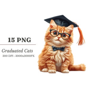 Puede incluir: Un lindo gato atigrado naranja con un gorro de graduación negro y gafas, con una pajarita negra. El gato está sentado sobre un fondo blanco.