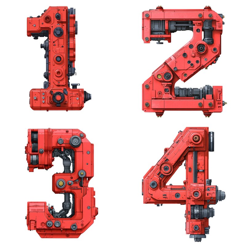 Red Metal Numbers Red Cyberpunk Alphabet Clip Art: Mechanical Letters PNG (digital ...