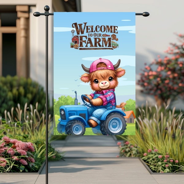 Welcome to Our Farm Garden Flag - Highland Cow and Tractor, Farmhouse Style Outdoor Decor, Digital Download