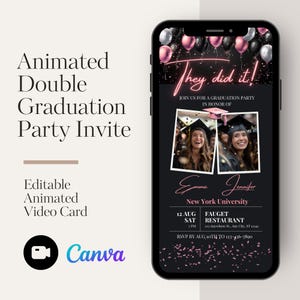 Peut inclure: Un smartphone affiche une invitation de fête de remise de diplômes. Le fond noir présente des ballons roses et noirs, les mots "They did it!" en néon rose et deux photos de diplômés. L'invitation comprend les détails de la fête dans un restaurant.