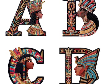May include: A colorful alphabet with each letter decorated with an Egyptian-inspired design featuring a pharaoh with a headdress and jewelry. The letters are A, B, C, and D.