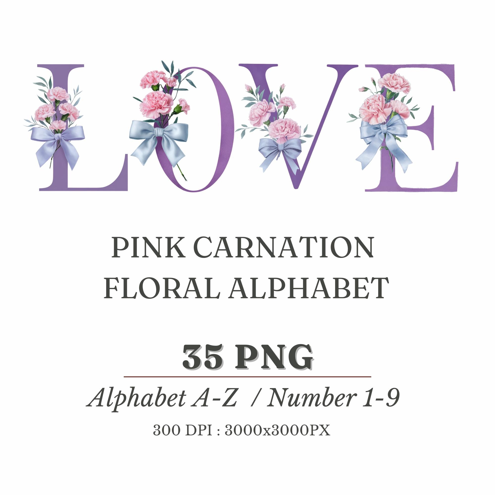 Watercolor Pink Carnation Floral Alphabet: Lavender Purple Letters ...