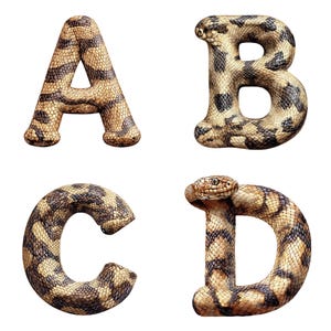 Puede incluir: Las letras A, B, C y D están formadas por el cuerpo de una serpiente. Las escamas de la serpiente son marrones y negras.