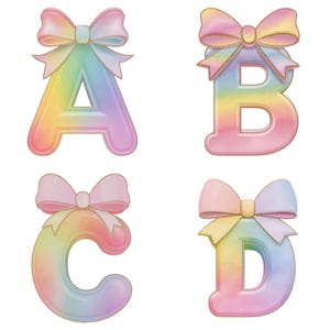 Pastell Regenbogen Alphabet A-Z Zahlen 1-9 Clipart | 300 DPI PNG | Niedliche Buchstaben mit Schleifen und Goldrand | Transparenter Hintergrund