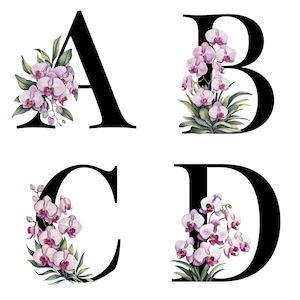 Alfabeto de orquídea aquarela A-Z e números 1-9 PNG, clipart de letras florais, fonte de casamento botânico, PNG de 300 DPI, fundo transparente