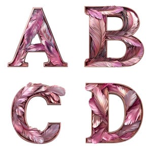 Letras elegantes de plumas rosas en 3D de la A a la Z y números del 0 al 9, alfabeto de plumas rosas, clipart de contorno de cobre, PNG de letras elegantes para arte digital