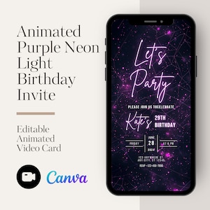 Puede incluir: Una invitaci&oacute;n de cumplea&ntilde;os animada con un fondo de noche estrellada. El texto dice "Let's Party" y "Kate's 29th Birthday".