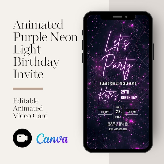 Purple Neon Birthday Invite: Animated Mobile E-vite (Digital Download)