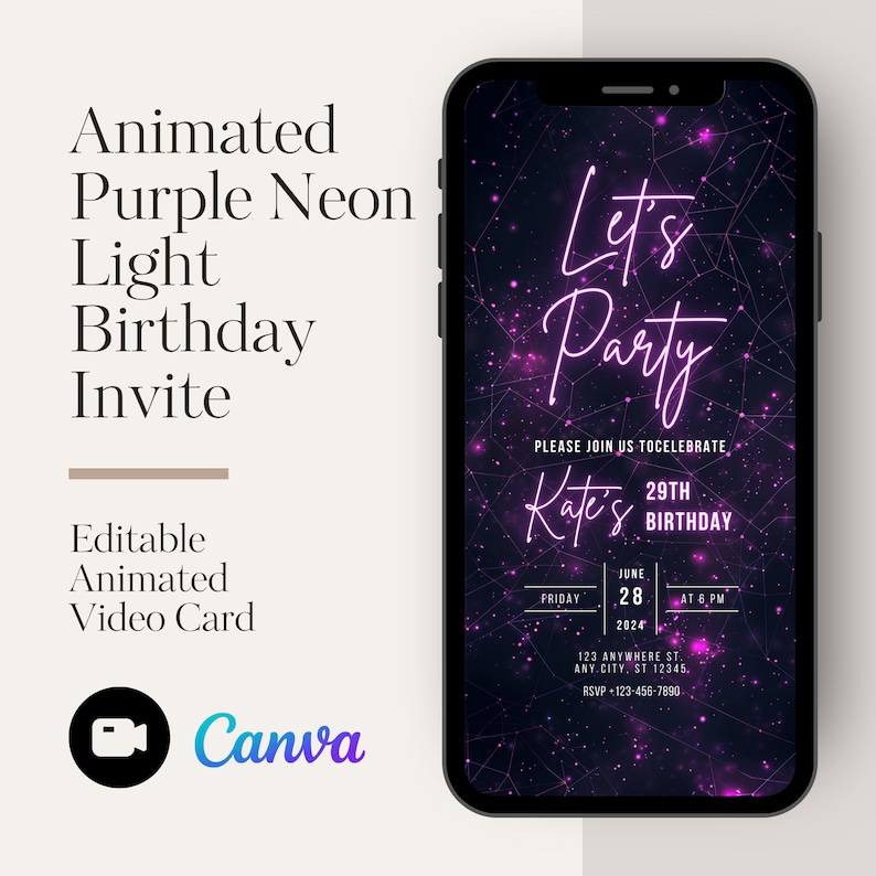 Puede incluir: Una invitaci&oacute;n de cumplea&ntilde;os animada con un fondo de noche estrellada. El texto dice "Let's Party" y "Kate's 29th Birthday".