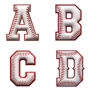 Op de afbeelding: Vier witte letters, A, B, C en D, met rode stiksels rond de randen, zijn gestyled om eruit te zien als honkballen. De letters zijn geïsoleerd op een witte achtergrond.