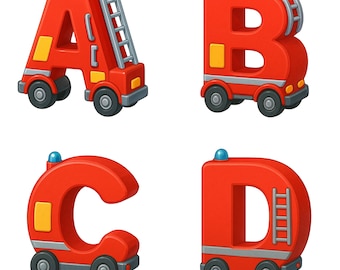 Fire Truck Alphabet: A-Z & 1-9 PNG, Firefighter Theme (Digital Download)