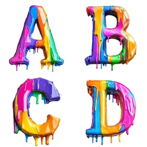 Alfabeto de la A a la Z y números del 1 al 9 con pintura de colores goteando, imágenes prediseñadas, letras multicolores, PNG de 300 DPI, fondo transparente, descarga digital