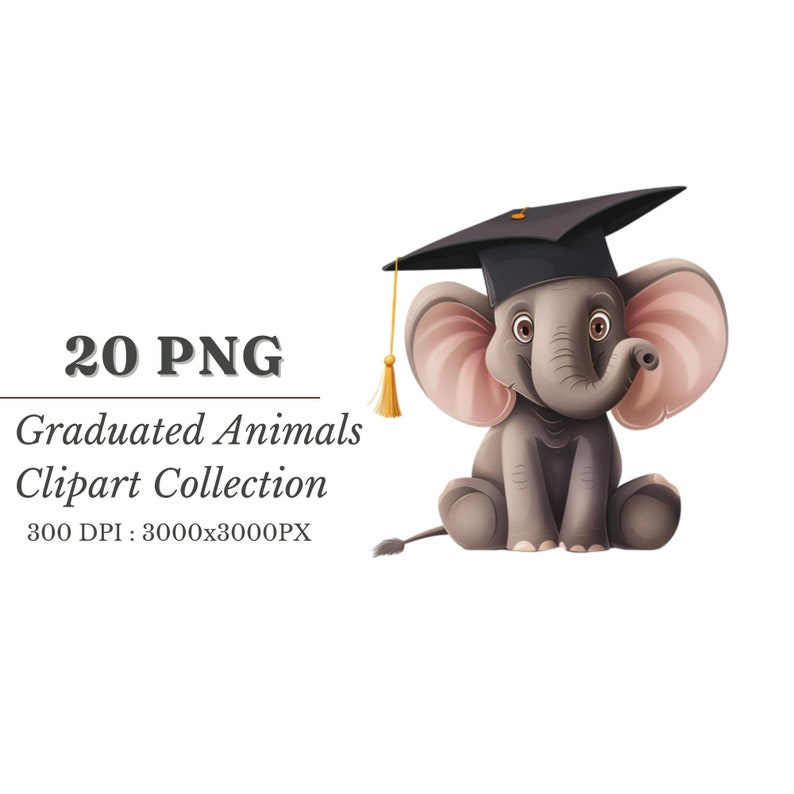 Puede incluir: Un elefante de dibujos animados con un gorro y una t&uacute;nica de graduaci&oacute;n negros. El elefante tiene la piel gris, las orejas rosas y una trompa. El elefante est&aacute; sentado sobre un fondo blanco.