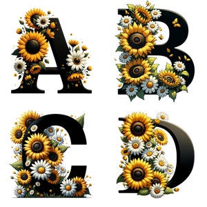 Alfabeto y números de girasol y margarita PNG Set con licencia comercial: Letras florales transparentes para bricolaje