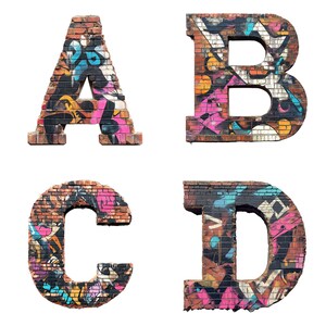 May include: A, B, C, and D are painted on brick blocks with colourful graffiti. The letters are in a bold, blocky font.