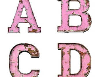 Imágenes prediseñadas del alfabeto y números industriales en rosa desgastado (descarga digital PNG)