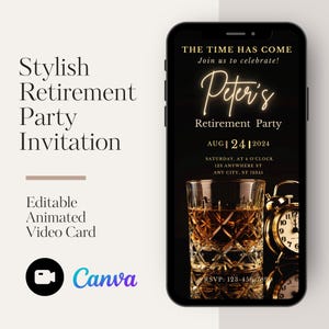 Op de afbeelding: Een zwarte en gouden uitnodiging voor een pensioenfeest met een glas whisky en een klok. De tekst luidt: "De tijd is gekomen! Vier met ons mee! Peter's pensioenfeest 24 augustus 2024 Zaterdag, 16:00 uur 123 Anywhere St Any City, ST 12345 RSVP: 123-456-7890"