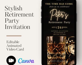 Invitación animada para fiesta de jubilación con whisky: plantilla editable de Canva (descarga instantánea)