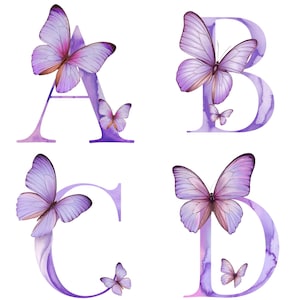 Borboletas roxas Alfabeto Clipart A-Z e números 1-9, letras aquarela, PNG digital, 300 DPI, fonte elegante de borboleta, download digital