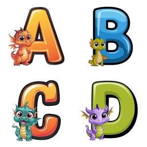 Drachen Cartoon Alphabet A-Z & Zahlen 1-9 Clip Art, 300 DPI PNG, transparenter Hintergrund, süße Drachen Buchstaben, Kinderschrift