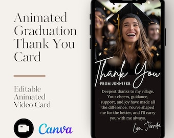 Tarjeta animada de agradecimiento para graduados: plantilla digital editable, descarga instantánea, plantilla Canva